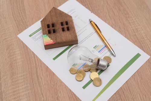 © Renata Hamuda - stock.adobe.com Foto: Glühbirne, Energieskala auf Haus, Münzen